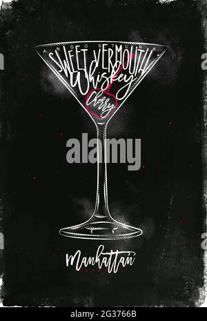 Manhattan cocktail lettering angostura, vermouth doux, whisky, cerise dans le style graphique vintage dessin avec craie et couleur sur fond de tableau noir Illustration de Vecteur