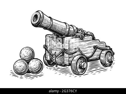 Canon et ballons de canon de vieux navire pirate. Esquisser une illustration vectorielle vintage Illustration de Vecteur