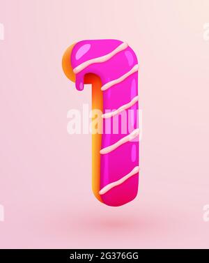 Police de donut vitrifiée. Numéro 1. Gâteau numéro un. Style dessert. Collection de délicieux numéros de boulangerie à la crème. Concept anniversaire et anniversaire. Illustration vectorielle. Illustration de Vecteur