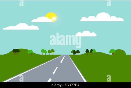 Champ vert, route vide. Jour ensoleillé d'été. Illustration de Vecteur