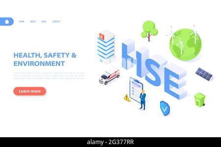Concept HSE. Une bannière dédiée à la santé et à la sécurité, à la sécurité et à l'environnement. Illustration isométrique à vecteur plat isolée sur fond blanc. Illustration de Vecteur