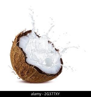 Lait de coco frais avec noix de coco isolées. Lait végétarien, smoothie, crème Banque D'Images