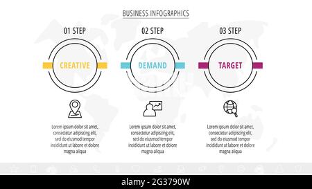 Cercles infographiques avec icônes. Concept métier de vecteur de ligne de 3 étapes par étape, options, carrés. Modèle avec trois façons pour le diagramme, le Web, la bannière Illustration de Vecteur