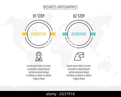 Cercles infographiques avec icônes. Concept métier de vecteur de ligne de 2 étapes par étape, options, carrés. Modèle avec deux manières pour diagramme, web, bannière Illustration de Vecteur