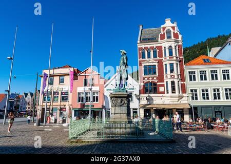 Statue de Ludwig Holberg, site classé au patrimoine mondial de l'UNESCO, Bergen, Norvège Banque D'Images