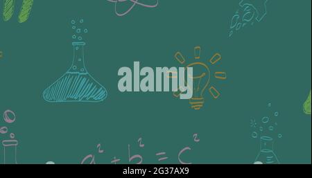 Composition de dessins colorés de craie relatifs à la chimie et aux mathématiques sur tableau vert Banque D'Images