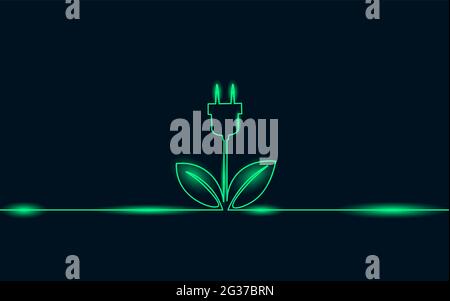 Concept de fiche d'énergie au néon vert art continu. Alimentation rechargeable électrique durable pour le stockage de l'énergie. Charge de la batterie Eco global Planet Illustration de Vecteur