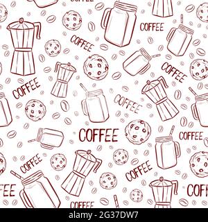 Motif sans couture avec éléments marron de la cafétéria.Arrière-plan répétitif avec grains de café, boissons, fritpe froide et biscuits aux pépites de chocolat Illustration de Vecteur