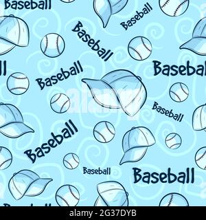 Motif bleu sans coutures avec concept et éléments de base-ball.Arrière-plan répétitif avec balles d'équipement, chapeaux blancs et texte.Texture sport Illustration de Vecteur