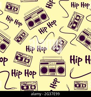 Motif vintage sans coutures avec éléments hip hop de musique ancienne.Arrière-plan répétitif avec boombox, cassettes et câbles.Art rétro nostalgique de la 90s Illustration de Vecteur