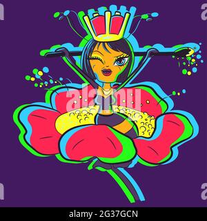 Dessin animé d'une reine abeille portant une couronne et tenant une endurance entre ses mains.Un insecte rayé se tord et s'assoit à l'intérieur d'une fleur qui la pollinise. Illustration de Vecteur