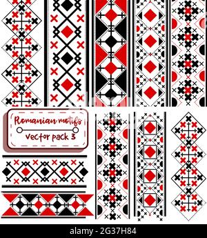 Pack vectoriel avec motifs sans couture roumains et moldaves et bordures de titre.Collection de motifs folkloriques et nationaux des balkans avec SHA noir et rouge Illustration de Vecteur