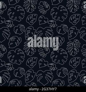 Motif noir et blanc sans couture avec feuilles tropicales sur fond noir. Monstera laisse la silhouette de l'art de ligne Illustration de Vecteur