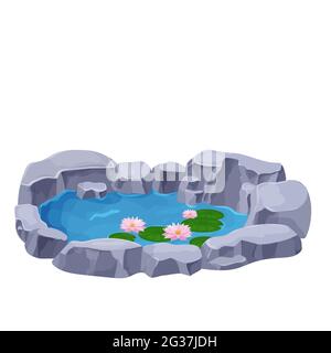 Lac avec eau calme, fleurs de nénuphars, taureaux et pierres de style caricatuaire isolé sur fond blanc. Bassin naturel extérieur. . Illustration vectorielle Illustration de Vecteur