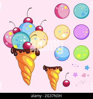 L'ensemble créateur de cornets de glace savoureux comprend un cornet de gaufres, des boules de crème glacée, des cerises et des confettis. Illustration vectorielle isolée. Pour le jeu, l'impression, Illustration de Vecteur