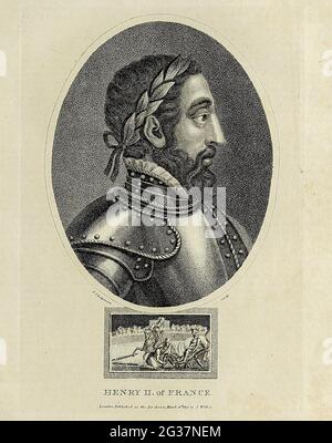 Henri II de France Henri II (français : Henri II; 31 mars 1519 – 10 juillet 1559) fut roi de France du 31 mars 1547 jusqu'à sa mort en 1559. Deuxième fils de François Ier, il devient Dauphin de France à la mort de son frère aîné François III, duc de Bretagne, en 1536. Gravure sur plaque de coperplate de l'Encyclopedia Londinensis or, Dictionnaire universel des arts, des sciences et de la littérature; Volume VII; édité par Wilkes, Jean. Publié à Londres en 1810 Banque D'Images