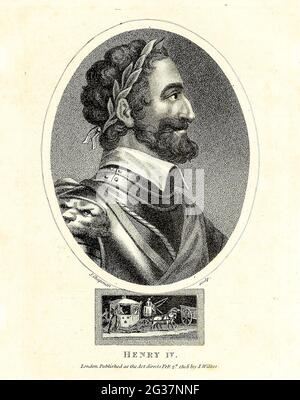 Henri IV de France Henri IV (Français Henri IV; 13 décembre 1553 – 14 mai 1610), également connu par le bon roi épithète Henri ou Henri le Grand, fut roi de Navarre (Henri III) de 1572 et roi de France de 1589 à 1610. Il fut le premier monarque de France de la Maison du Bourbon, branche cadet de la dynastie des Capétiens. Assassiné en 1610 par François Ravaillac, un catholique fanatique, il a été remplacé par son fils Louis XIII Copperplate gravure de l'Encyclopédie Londinensis ou, Dictionnaire universel des arts, des sciences et de la littérature; Volume VII; édité par Wilkes, Jean. Public Banque D'Images