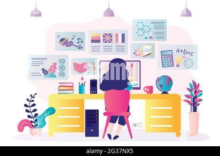Écolière obtenant l'éducation en ligne à la maison. Personnage féminin assis sur le bureau et étudiant. Ouvrez le manuel sur l'écran de l'ordinateur. Intérieur du lieu de travail de Illustration de Vecteur
