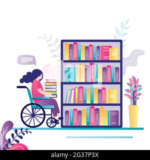 L'étudiant ayant un handicap détient une pile de livres différents. Une femme est assise en fauteuil roulant près de la bibliothèque. La femme handicapée choisit le livre. Concept de ca Illustration de Vecteur