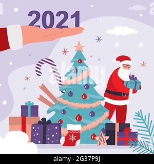 La grande main peut contenir des chiffres de 2021 ans. Le Père Noël avec des cadeaux. Arbre de noël traditionnel, divers cadeaux. Fête du nouvel an, vacances de décembre. Boîte Illustration de Vecteur