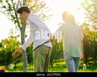 Jeunes amoureux marchant chiens dans le parc photo de haute qualité Banque D'Images