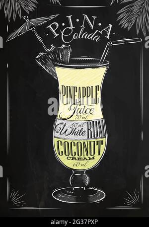 Cocktail Pina Colada de style vintage dessin stylisé avec craie sur tableau noir Illustration de Vecteur