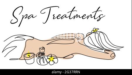 Illustration de vecteur de massage thaïlandais pour panneau, bannière, affiche, fond. Dos des femmes, bougie, sac de plantes, fleur. Concept spa. Une ligne continue Illustration de Vecteur