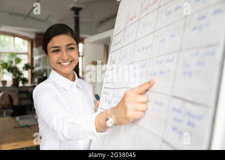 Joyeux jeune enseignant indien attrayant donnant une conférence éducative. Banque D'Images