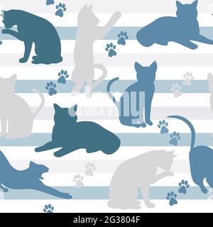 Motif sans couture avec chats, vecteur. Chats dans différentes poses, répétition de modèle. Silhouettes d'animaux sur fond rayé. Illustration de Vecteur