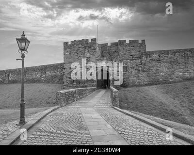 Les est du château et de la forteresse médiévales de Carlisle, dans la ville de Carlisle, dans le comté de Cumbria, dans le nord-ouest de l'Angleterre. Banque D'Images