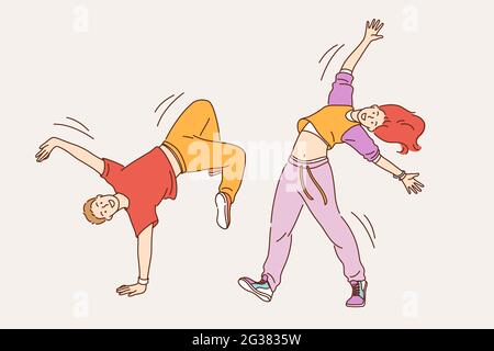 Sentiment positif et concept de danse. Jeune fille souriante gaie et garçon dans des vêtements élégants et lumineux danse moderne danses se sentant heureux mouvement corps illustration vectorielle Illustration de Vecteur