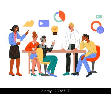 Équipe d'affaires travaillant ensemble et discutant des problèmes. Réunion d'affaires et brainstorming. Illustration de Vecteur