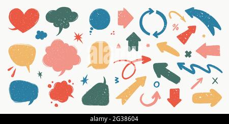 Jeu de flèches abstraites et de bulles de parole. Diverses flèches et ballons de discussion avec texture grunge. Infographie vintage à dessin main Vector co Illustration de Vecteur