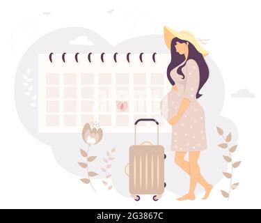 Une fille enceinte heureuse regarde le calendrier. touriste dans un chapeau de soleil se tient avec une valise sur roues au calendrier sur un fond de fleurs. Vect Illustration de Vecteur