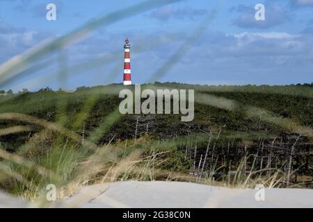 Phare classique, historique, rouge et blanc avec dunes et herbe, jour ensoleillé de vent et nuages turbulents sur l'île hollandaise d'Ameland, Holum Banque D'Images