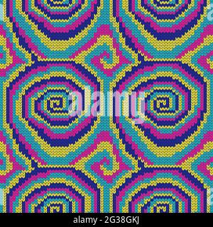 Tricot sans couture orné d'éléments de tourbillon dans les couleurs rose vif, jaune, bleu et turquoise, fait comme une peinture à l'huile Banque D'Images