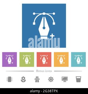 Ajout d'un point d'édition avec des icônes blanches plates de l'outil Plume sur des arrière-plans carrés. 6 icônes bonus incluses. Illustration de Vecteur