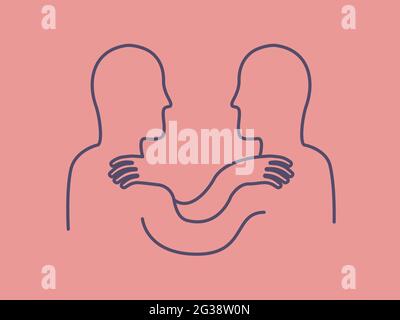 Symbole minimaliste de l'accord. Illustration abstraite au trait sur l'unité. Deux personnes face à face se regardant l'une vers l'autre et tenant les mains sur les épaules. Banque D'Images