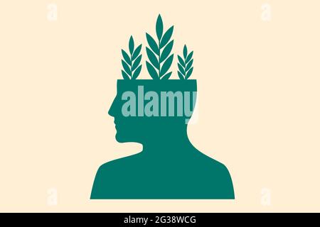État d'esprit réussi. Concept d'auto-développement. Tête humaine avec des plantes vertes poussant à l'intérieur. Banque D'Images