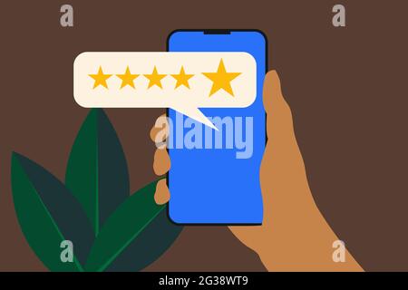 Concept de revue cinq étoiles. Gros plan sur la main de l'homme du client appuyant sur l'écran du smartphone avec l'icône de rétroaction de cinq étoiles dorées et appuyez sur rang. Banque D'Images