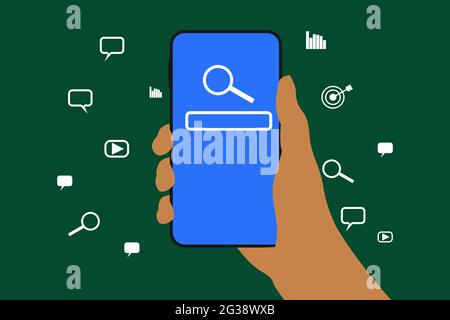 Illustration d'optimisation de moteur de recherche, (SEO) outils pour trouver un client ou promouvoir et faire de la publicité sur le contenu en ligne pour la technologie de marketing et Busi Banque D'Images