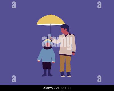 Un frère s'occupe de l'autre frère. Un garçon tient le parapluie sur un autre garçon, le protégeant de la pluie. Illustration du concept de famille bienveillante. Illustration de Vecteur
