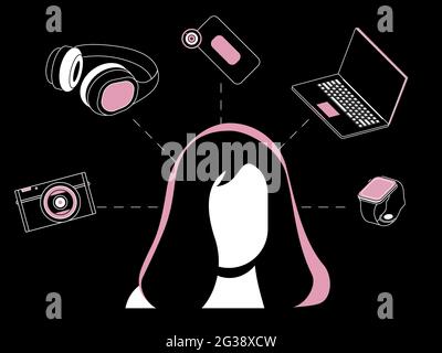 Une personne, femme, entourée de gadgets : ordinateur portable, écouteurs, montre, appareil photo, téléphone. Art au trait moderne, concept abstrait. Abondance technologique. Vecteur. Illustration de Vecteur