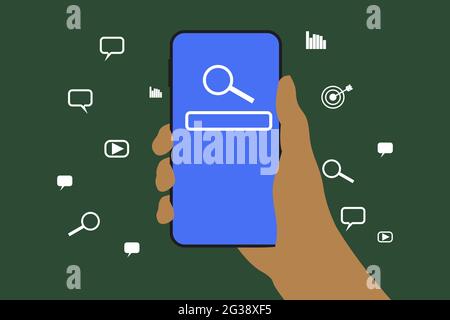 Fermez l'écran tactile de main d'homme sur smartphone pour utiliser les outils d'optimisation de moteur de recherche (SEO) pour trouver un client ou promouvoir et faire de la publicité sur le contenu. Illustration de Vecteur