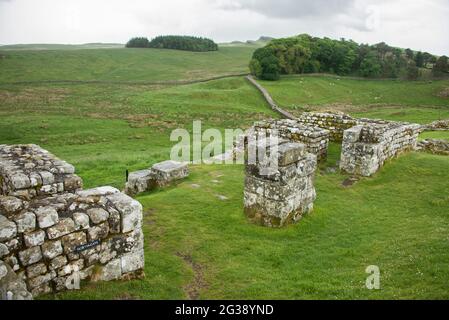 Vestiges de l'ancienne porte nord du fort romain Housesteads avec vue vers le nord-est. Longeant l'ensemble du site classé au patrimoine mondial de l'UNESCO, le chemin du mur d'Hadrien est l'un des sentiers de randonnée les plus populaires d'Angleterre. Banque D'Images