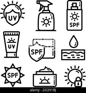 Ensemble d'icônes de contour de l'écran solaire. Collection de symboles vectoriels de style plat tendance sur fond blanc. Un système de protection solaire pour le design. Illustration de Vecteur