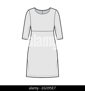 Robe empire ligne technique de mode illustration avec des manches de coude, corps surdimensionné, longueur genou JUPE A-line. Vêtements plats sur le devant, style gris. Femmes, hommes unisex CAD maquette Illustration de Vecteur