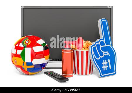 Regarder le match de football à la maison concept. Téléviseur avec ballon de football et accessoires pour fans. Rendu 3D isolé sur fond blanc Banque D'Images