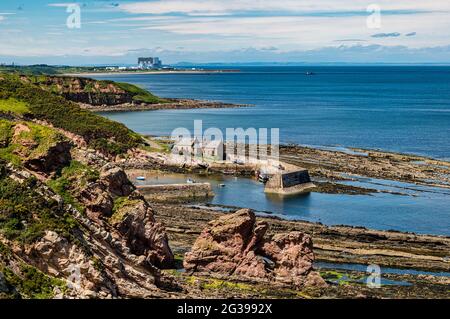 Vue sur le port de Cove et la centrale nucléaire de Torness à distance par temps ensoleillé, frontières écossaises, Écosse, Royaume-Uni Banque D'Images