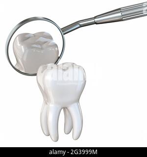 Les dents et le miroir dentaire 3D rendent l'illustration isolée sur fond blanc Banque D'Images